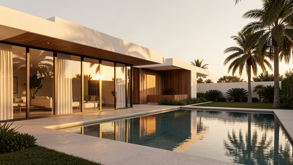 A modern luxury villa at golden hour